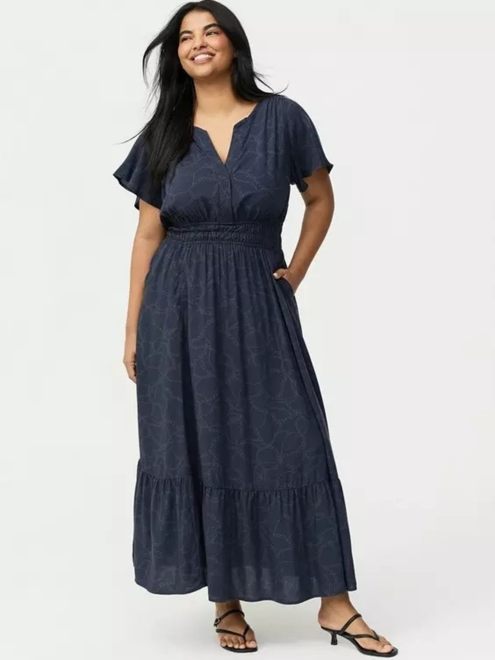 Torrid Y-Neck Challis Navy Chain Trains Print Maxi Dress Size 0X (12, Large)